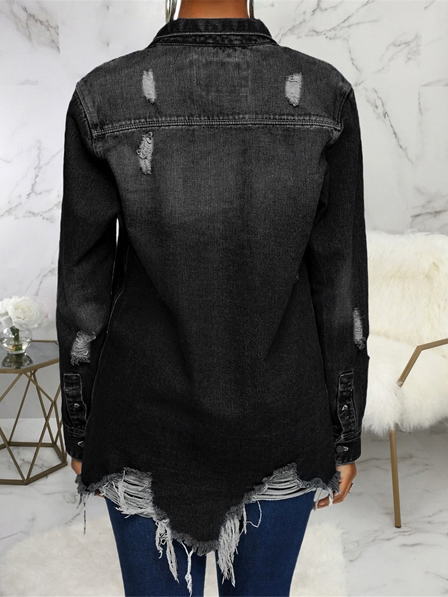Damen Jeansjacke Outdoor Strasse Freizeitskleidung Herbst Winter Standard Mantel Regular Fit warm Atmungsaktiv Stilvoll Brautkleider schlicht Jacken Langarm Feste Farbe Mit Taschen Hellblau Schwarz 2025 - $62.99 –P7