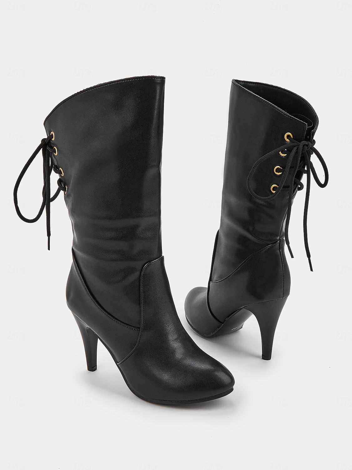 stivali neri con lacci da donna con tacco a metà polpaccio - eleganti stivali a stiletto con punta affilata e dettaglio in pizzo laterale per outfit autunnali e invernali del 2025 a $59.99 –P2