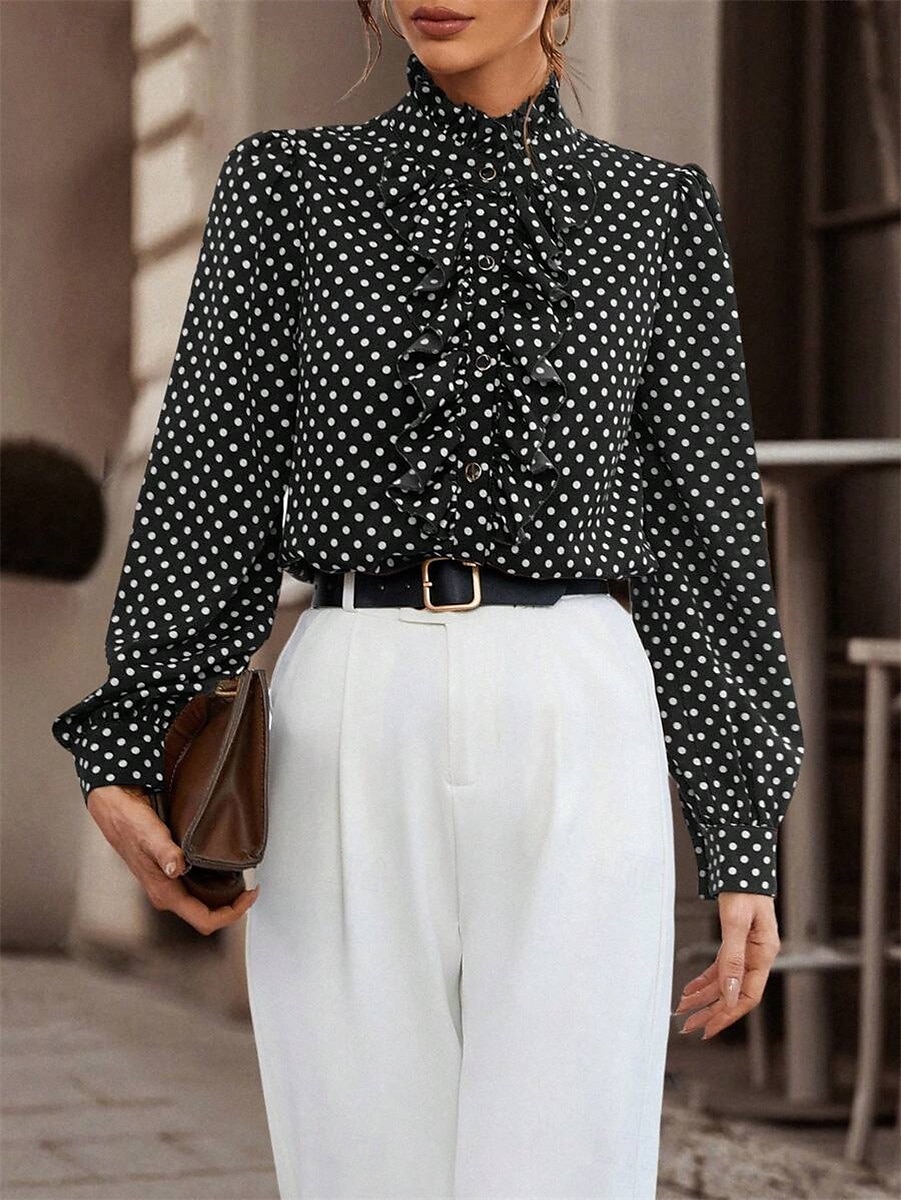 Damen Hemd Bluse Punkt Brautkleider schlicht Langarm Rollkragen Normale Oberteile Täglich Rüsche Patchwork Knopf Schwarz Braun Herbst Winter 2025 - $29.99 –P8