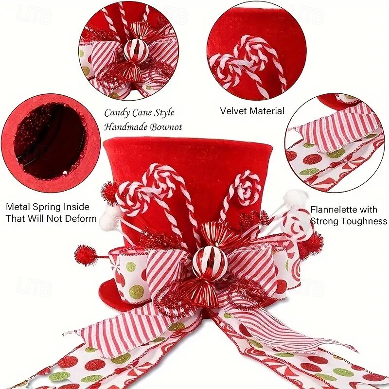 topo de árvore de natal clássico de poliéster vermelho com laço de palito de doce - perfeito para decoração de feriados em ambientes internos &uso externo de 2025 por $27.99 –P5