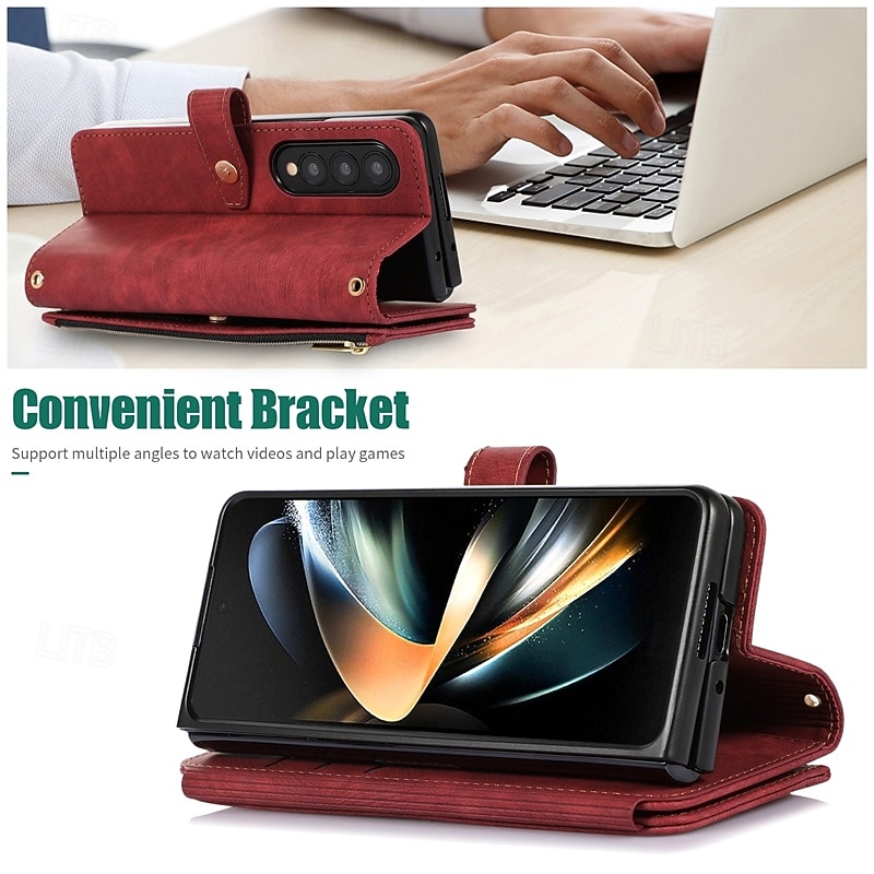 Phone Case For Z Fold 6 Z Fold 5 Z Fold 4 Z Fold 3 Back Cover with Stand Holder Zipper with Lanyard Retro TPU PU Leather 2025 - $20.99 –P7