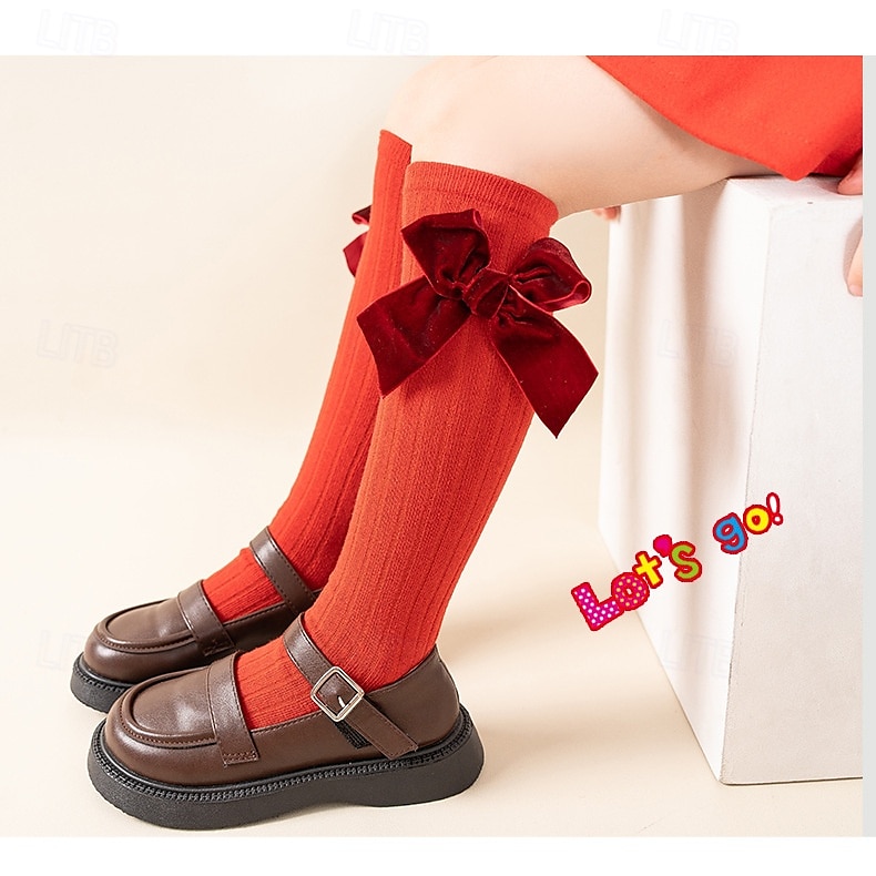 Kids Girls' Socks Children's Day Underwear Red Green Solid Colored Patchwork Fall Winter Lolita Daily Wear 3-12 Years Toddler Bow Sweet Cotton 2025 - $4.99 –P2