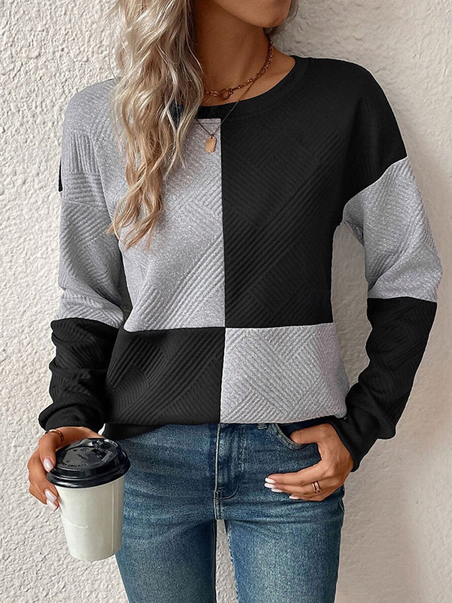 Women's T Shirt Plaid Fashion Modern Casual Long Sleeve Crew Neck Regular Tops Daily Weekend Print Black Navy Blue Gray Fall Winter 2025 - $38.99 –P6