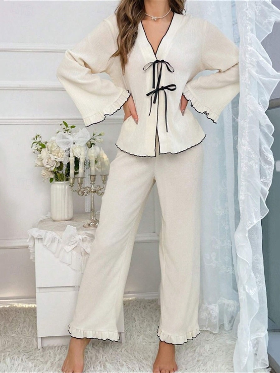 Conjunto de pijama feminino cor pura conforto casual casa conforto diário quente decote em v manga comprida camisa calça cintura elástica outono inverno roupas para casa de 2025 por $32.99 -P8