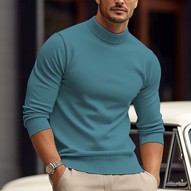 Men's Pullover Sweater Jumper Knit Sweater Ribbed Knit Knitted Plain Mock Neck Basic Keep Warm Daily Wear Vacation Clothing Apparel Fall & Winter Black White S M L 2025 - $28.99 –P17