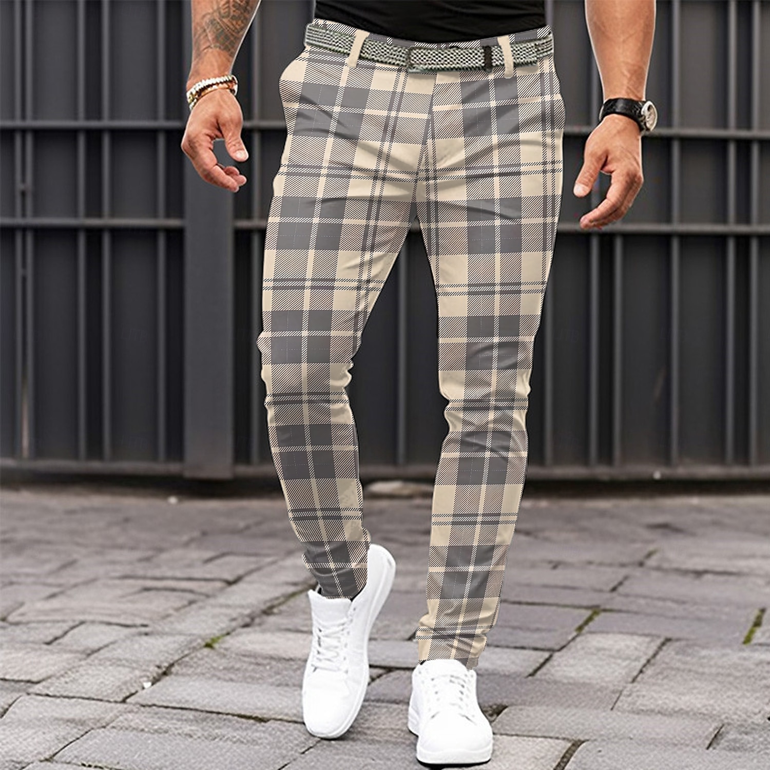 Herr Rutig Kostymbyxor Medium Midja Business Casual Formell Vardag Dragkedja Ficka Sommar Vår Höst 3D-tryck Blå Khaki grön Ljusgrå 2025 - $29.99 –P1