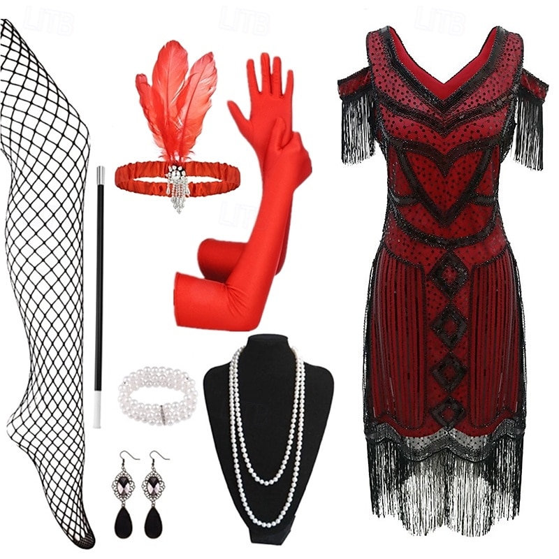 Conjunto Rugido 20s 1920s Hasta la Rodilla Vestido Flapper Accesorios Vestido de fiesta de graduación con accesorios Hombro frío El gran Gatsby Invitado a la boda Lentejuelas Borlas Pluma Escote en 2026 - $54.99 –P6