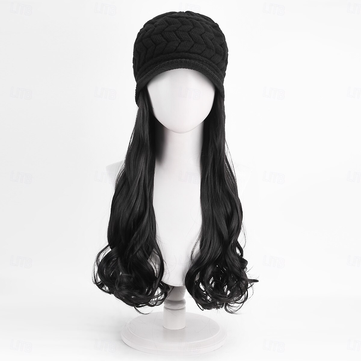 Gorro con peluca y extensiones de pelo largo y ondulado, gorro de punto con pompón para mujer, color negro, para invierno 2025 - $26.99 –P3