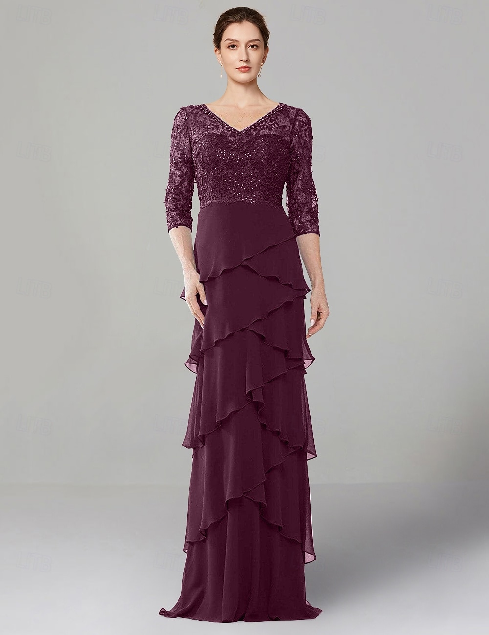 Vestido Sheath Mãe da Noiva Vestido Elegante Decote em V Comprimento do Chão Chiffon Stretch Mangas Médias com Renda Camadas em Cor Sólida de 2025 por $197.99 –P2