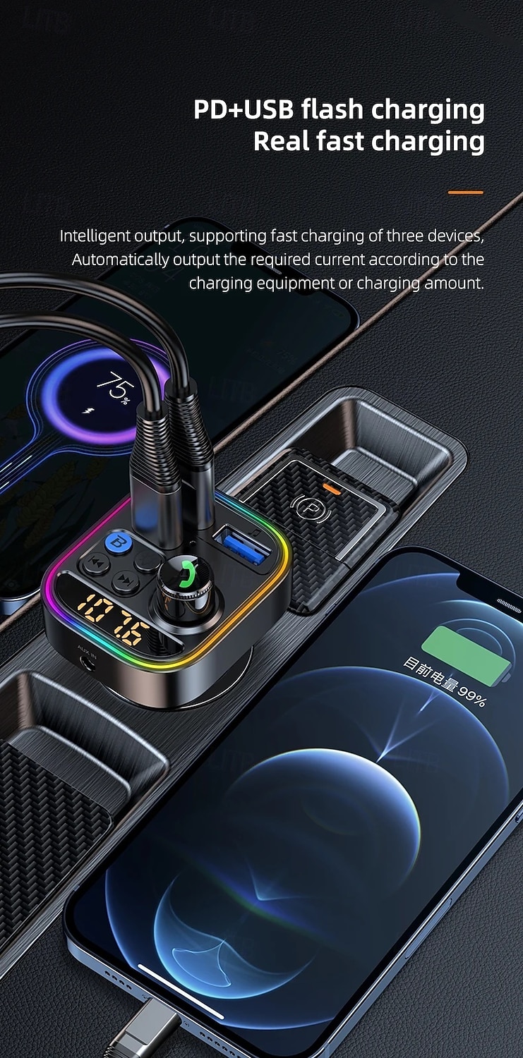 2025年 ワイヤレス Bluetooth カーアダプター Bluetooth 5.3 FM トランスミッター 補助ラジオ受信機 MP3 プレーヤー ハンズフリー通話 タイプ C USB カーチャージャー  コレクション – $16.99 –P1