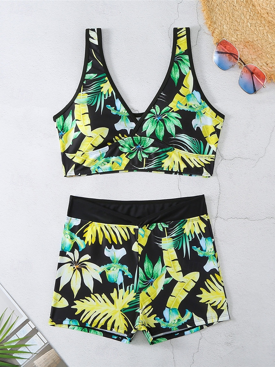 Dam Badkläder Bikini 2 st Pojkeben Baddräkt Öppen rygg Hög midja Smal Semester Standkläder Blommig Löv V-hals Ärmlös Baddräkter 2025 - $25.99 –P11