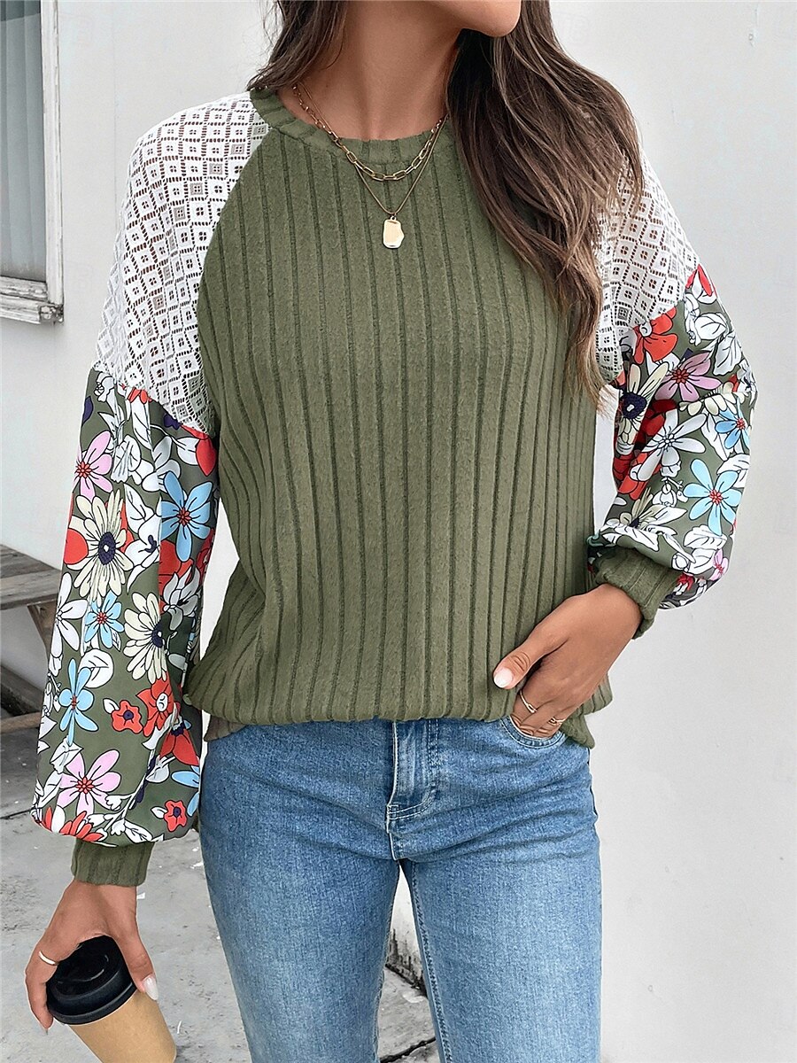 Femme Pull Chandail Pull Décontractées Flexible Floral A côtes Col Ras du Cou Patchwork Tricoté Imprimer manche longue Hauts réguliers Tricoter Extérieur du quotidien Fin de semaine Vert Automne Hiver de 2025 ? $38.99 –P5