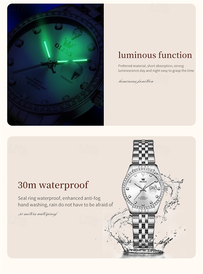 New Olevs Olevs Brand Mother's Day Gift for Women'S Trend Fashion Steel Belt Watch Calendar Luminous With Diamonds Simple Leisure Quartz Watch Waterproof Sports Versatile Wristwatch 2026 - $32.99 –P5
