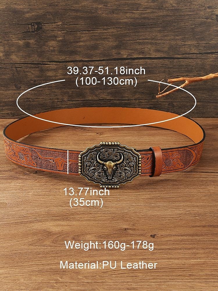 Men's Western Faux Leather Belt with Embossed Floral Design and Bull Head Buckle – Vintage Cowboy Style 2025 - $19.99 –P6