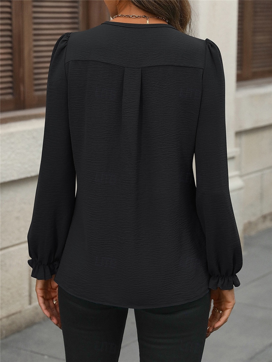Damen Hemd Bluse Feste Farbe Basic Brautkleider schlicht Langarm Gekerbter Hals Normale Oberteile Täglich Schwarz Wein Herbst Winter 2025 - $29.99 –P6