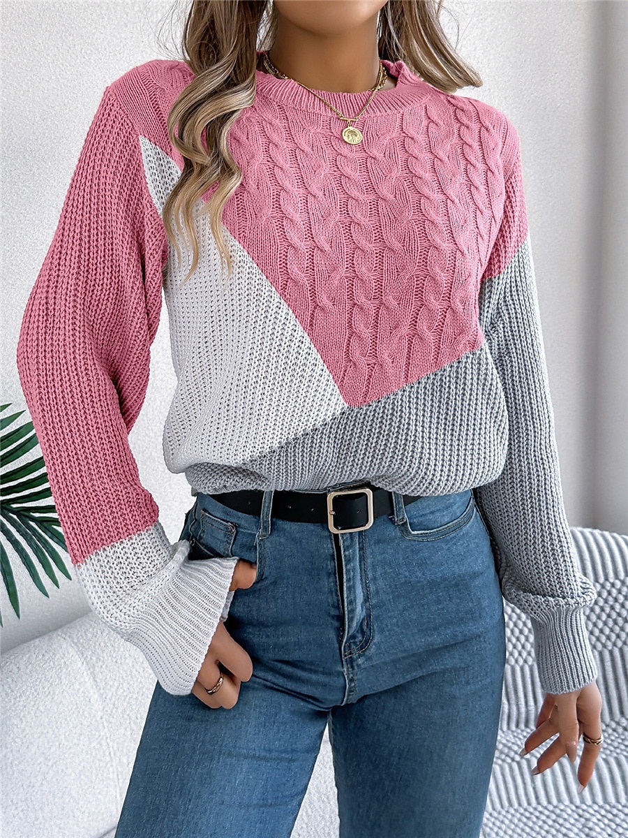 Dame Genser Pullover genser Fritid Myk Fargeblokk Riflet Crew-hals Lapper Strikket Langermet Vanlige topper Strikke utendørs Daglig Helg Svart Rosa Høst Vinter 2025 - $29.99 –P8