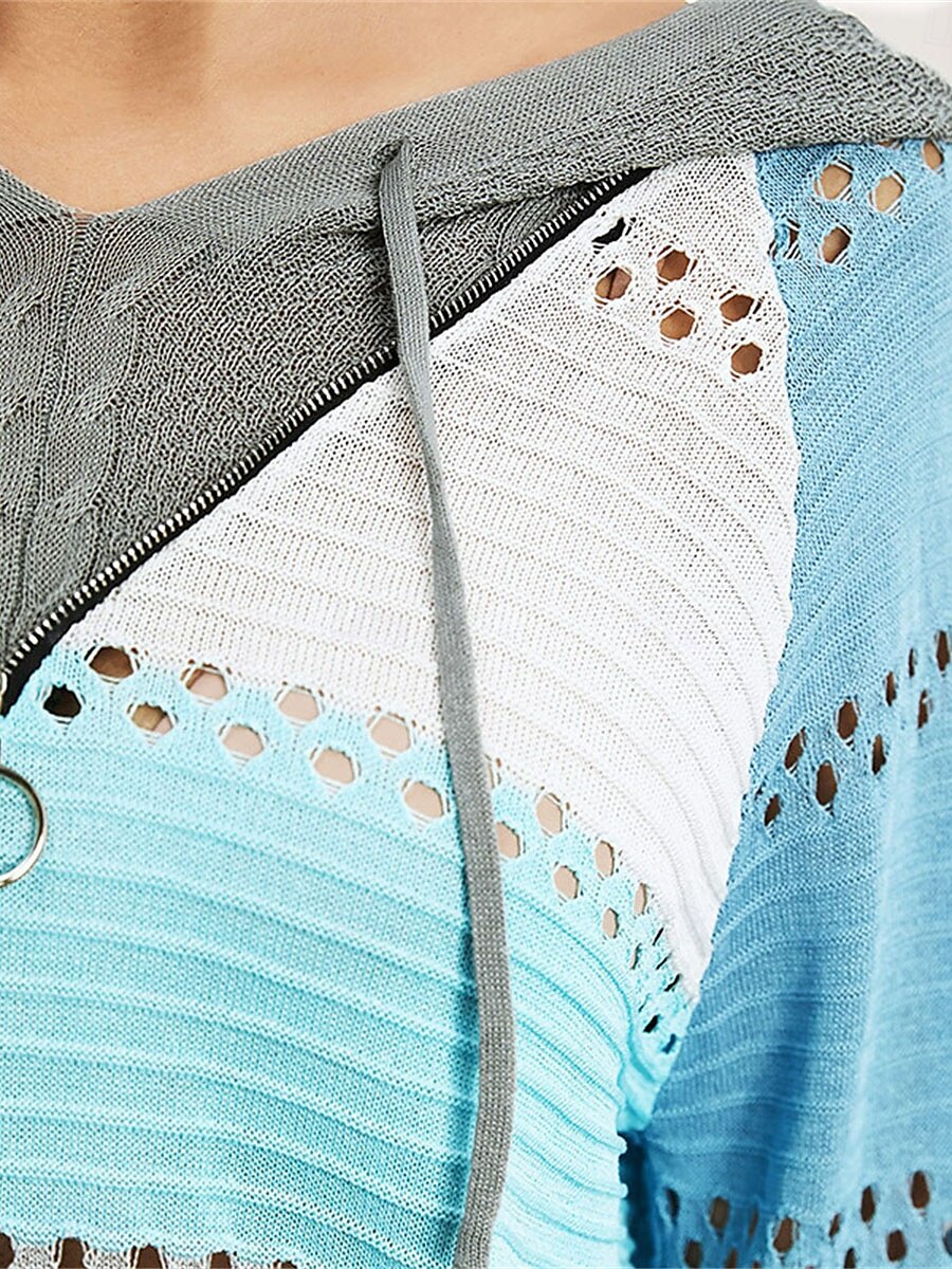 Women's Sweater Pullover Sweater Jumper Casual Soft Pure Color Ribbed Hooded Hollow Out Knitted Long Sleeve Regular Tops Knit Outdoor Daily Weekend Blue Gray Fall Winter 2025 - $56.99 –P5