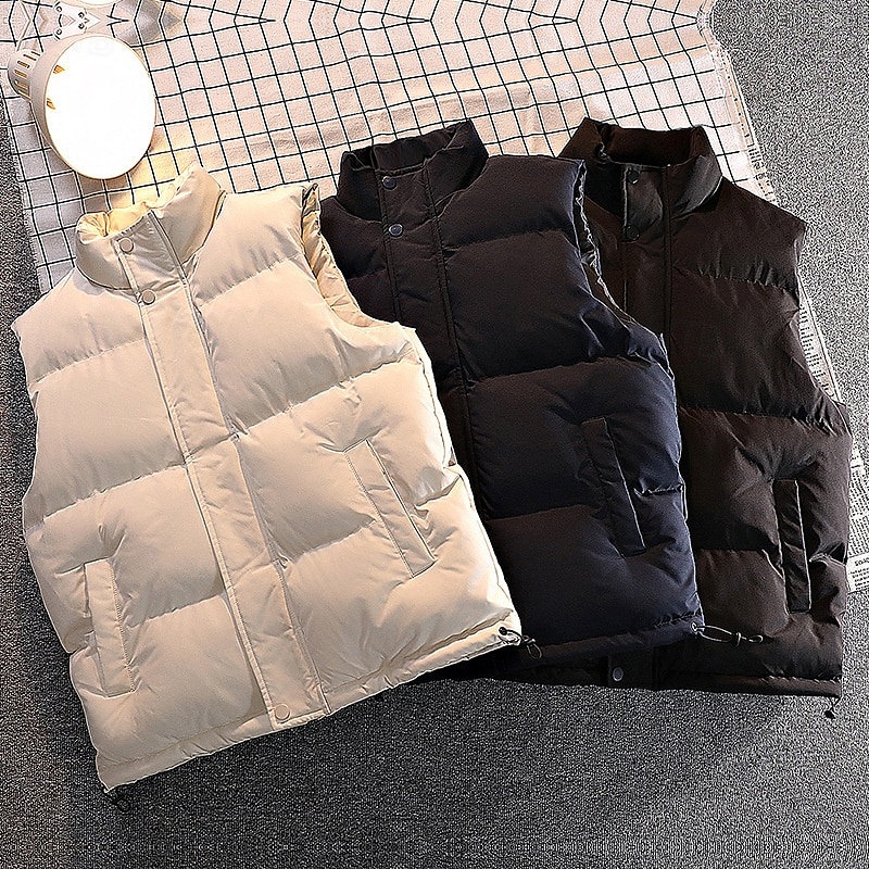 Herr Pufferväst Dagligen Ledigt Vår & Höst Ficka Polyester Bekväm Ensfärgat Dragkedja Hög krage Svart Vit Blå Väst 2025 - $24.99 –P4