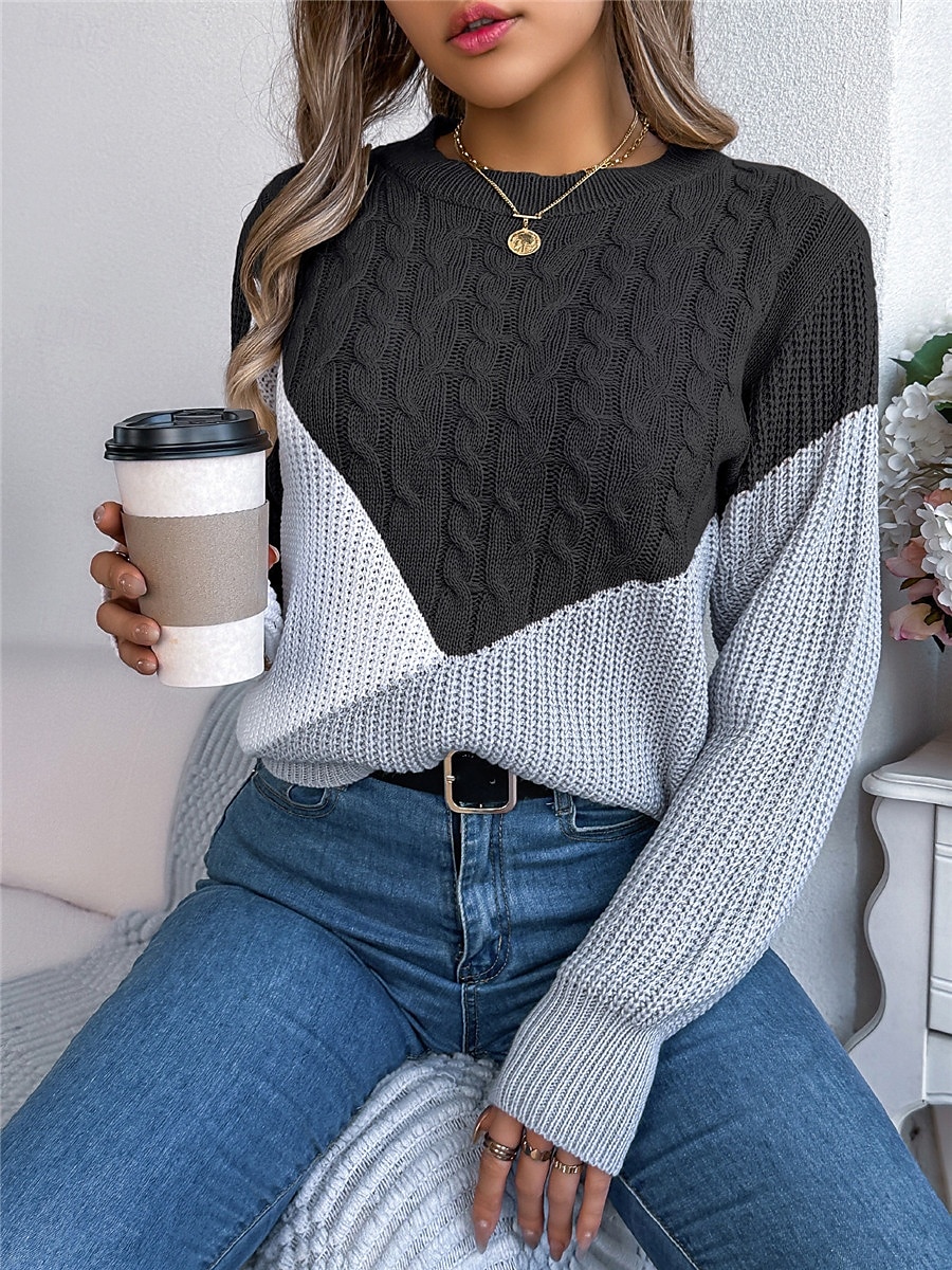 Dame Genser Pullover genser Fritid Myk Fargeblokk Riflet Crew-hals Lapper Strikket Langermet Vanlige topper Strikke utendørs Daglig Helg Svart Rosa Høst Vinter 2025 - $29.99 –P3
