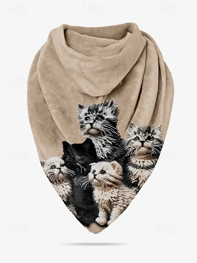 beige halsduk i vintagestil för kvinnor med svart katttryck – mysig och unik accessoar för kattälskare, perfekt för höst- och vinterkläder 2025 - $18.99 –P5