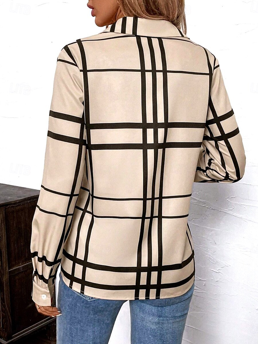 Damen Hemd Karierte Lässige Langarmhemd Kragen Regelmäßige Tops Alltag Patchwork Knöpfe Print Khaki Herbst Winter 2025 - $31.99 –P2