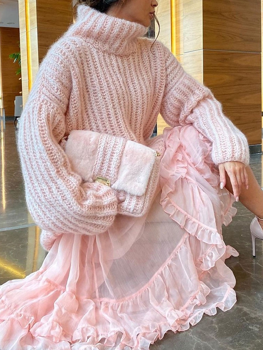 Per donna Felpa Pullover Maglione Informale Morbido Colore puro Grosso A collo alto Lavorato a maglia Manica lunga Top regolari Maglia Esterno Giornaliero Fine settimana Rosa Blu Autunno Inverno del 2025 a $54.99 –P5