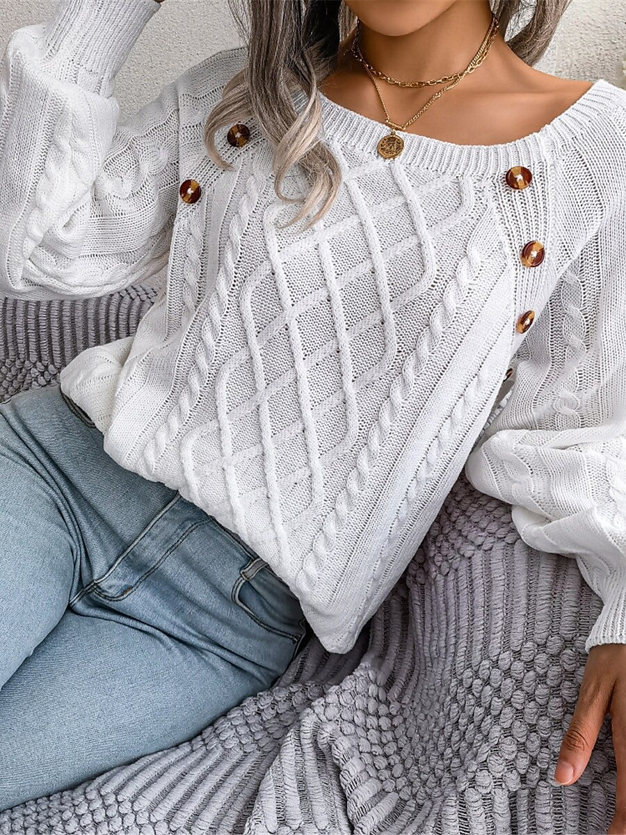 Dam Tröja Pullover tröja Ledigt Mjukt Ren färg Ribbad Fyrkantig hals Knappar Stickat Långärmad Vanliga toppar Sticka Utomhus Dagligen Helgen Vit Kaki Höst Vinter 2025 - $44.99 –P4