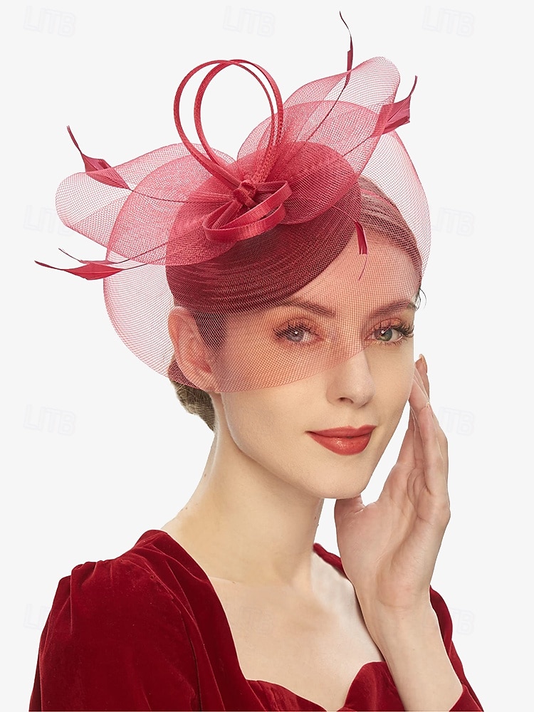 2025年 メッシュベールとリボンのアクセントが付いた女性用のエレガントなファシネーターハット。結婚式、ティーパーティー、特別な行事に最適です。 コレクション – $18.99 –P1