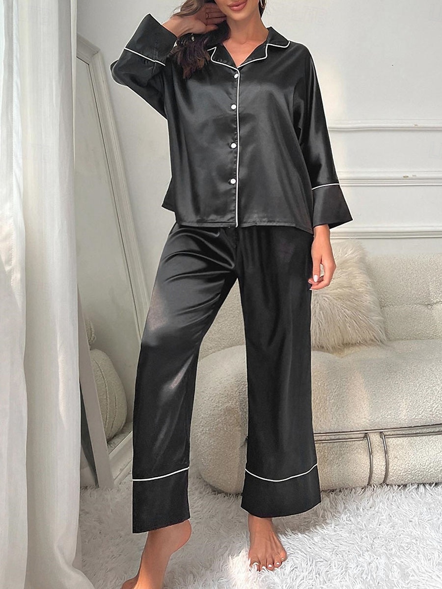 pyjamasset för kvinnor ren färg avslappnad komfort hem dagligen satin siden komfort varm lapel långärmad skjorta byxa knapp upp resår midja höst vinter hem outfits 2025 - $31.99 –P5