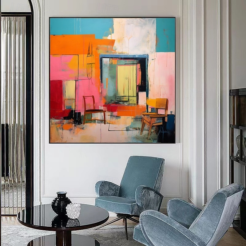 handmålad färgglad abstrakt målning minimalistisk vintage interiörmålning flerfärgad abstrakt konst modern hem väggdekor utsträckt ram redo att hängas eller oinramad 2025 - $116.99 –P4