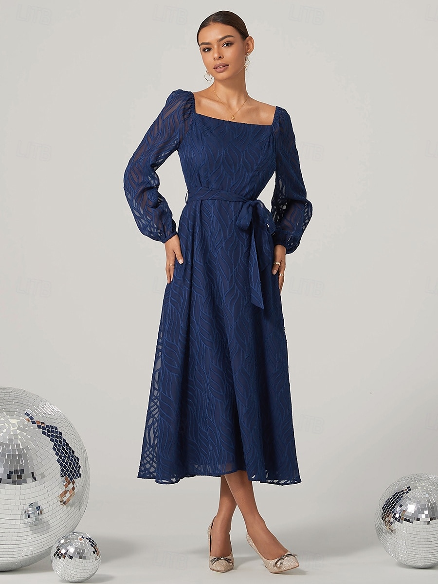 Women's Vintage Dress Midi Dress With Belt Elegant Vintage Square Neck Long Sleeve Blue Color 2025 - $15.79 –P5