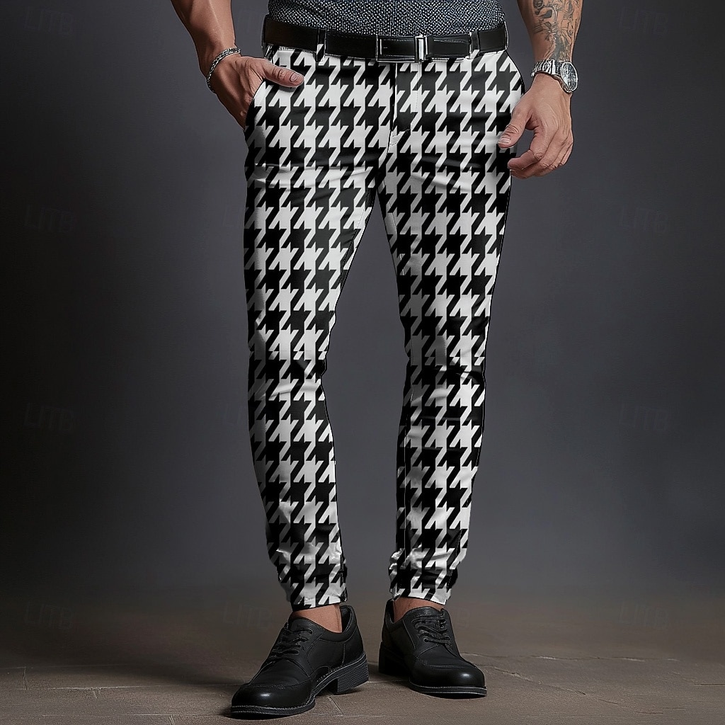 Homens Houndstooth Social Cintura Média Business casual Formal Dia a Dia Zíper Bolsos Verão Primavera Outono Impressão 3D Preto e Branco de 2026 por $31.99 –P1