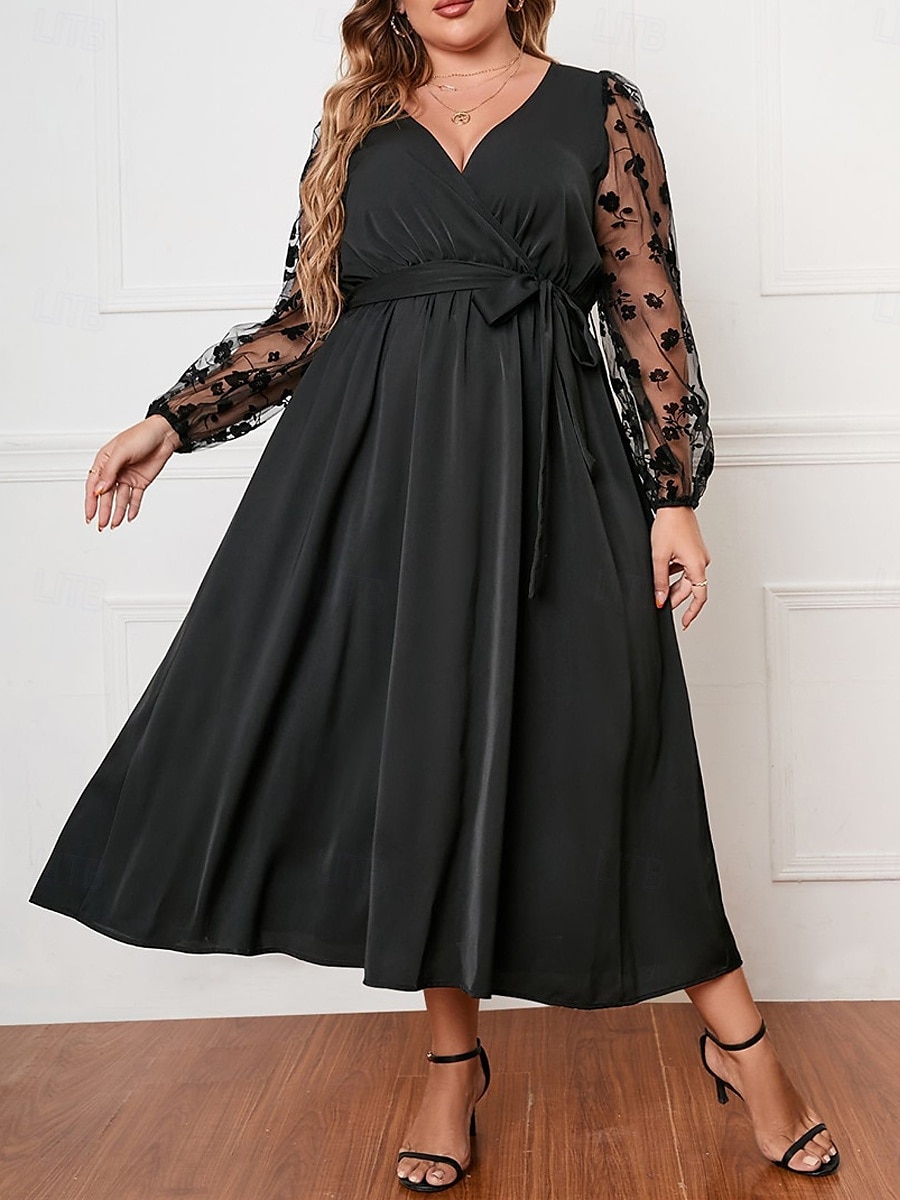 Dam Plusstorlekar Kurva Vardagsklänning Swingklänning A linjeklänning Ensfärgat Långklänning Maxiklänning Långärmad Spets Lappverk V-hals Mode Utomhus Svart Höst XL 2XL 3XL 4XL 2025 - $36.99 –P1