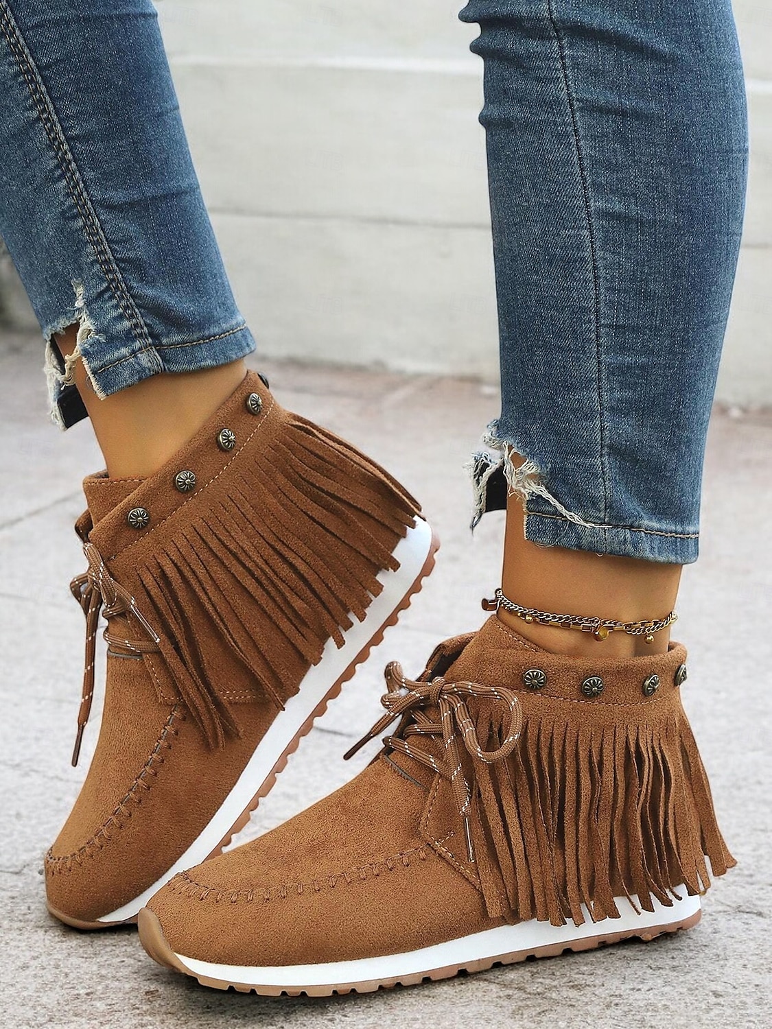 Damen-Mokassin-Stiefel aus Wildleder mit Fransen und Schnürung – Stiefeletten im Boho-Stil für die Freizeit und Festivals 2025 - $34.99 –P1