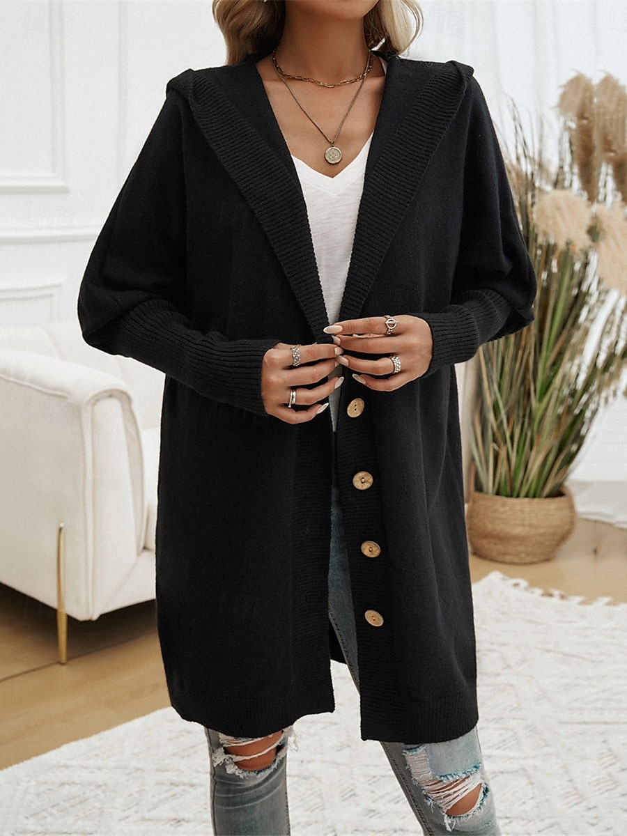 Per donna Felpa Cardigan Informale Morbido Colore puro A coste Con cappuccio Bottoni Tasche Lavorato a maglia Manica lunga Maglie lunghe Maglia Esterno Giornaliero Fine settimana Nero Fucsia Autunno del 2025 a $78.99 –P14