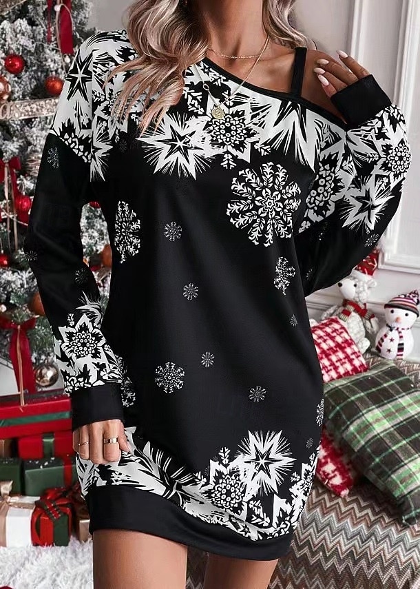 Flocon de Neige Robe Sweat à capuche Femme Noël Nouvel an la veille de Noël Le style mignon Epaules Dénudées Adultes Soirée Noël Robe de 2025 ? $23.99 –P7