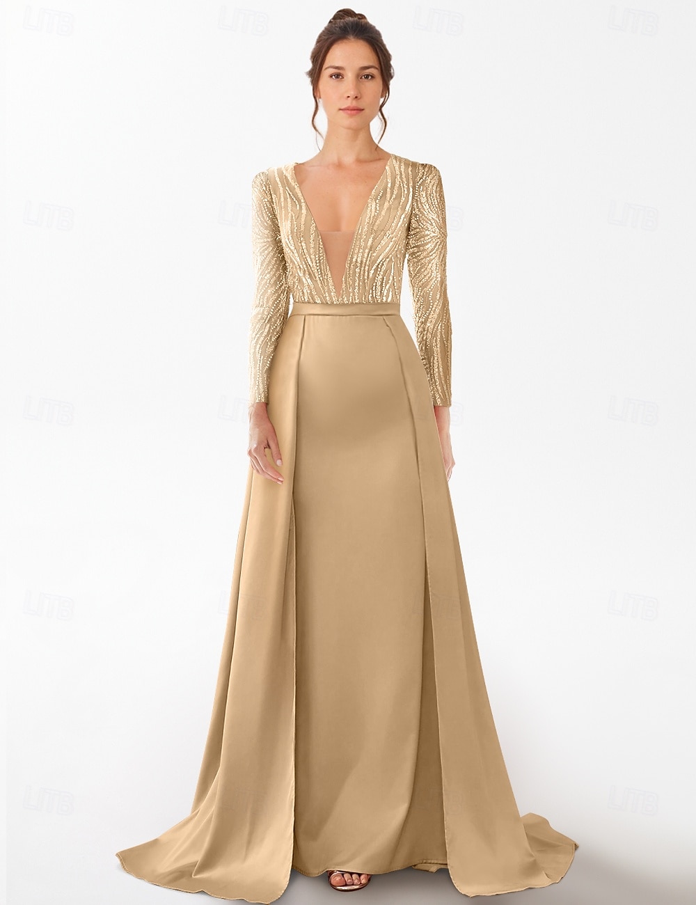 A-Line Evening Gown Elegant Dress Formal Floor Length 3/4 Length Sleeve V Neck Pocket Satin with Rhinestone Glitter 2025 2025 - $214.99 –P1