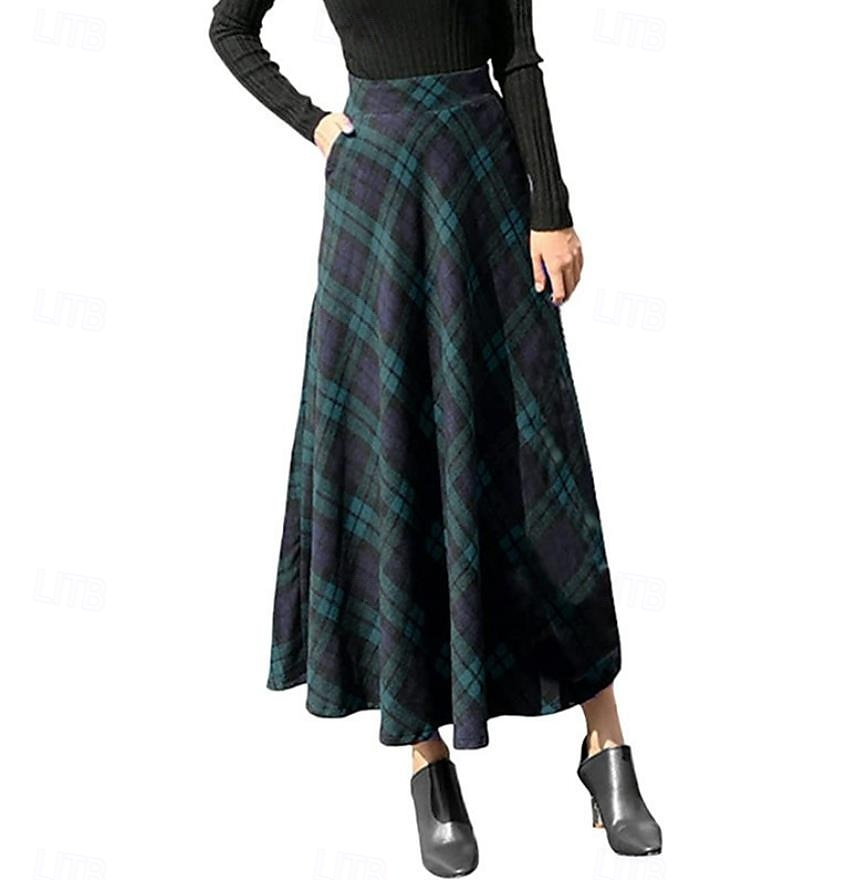 naisten ruudullinen u kaula pitkä mekko maxi mekko syksy talvi 2025 - $23.99 –P2