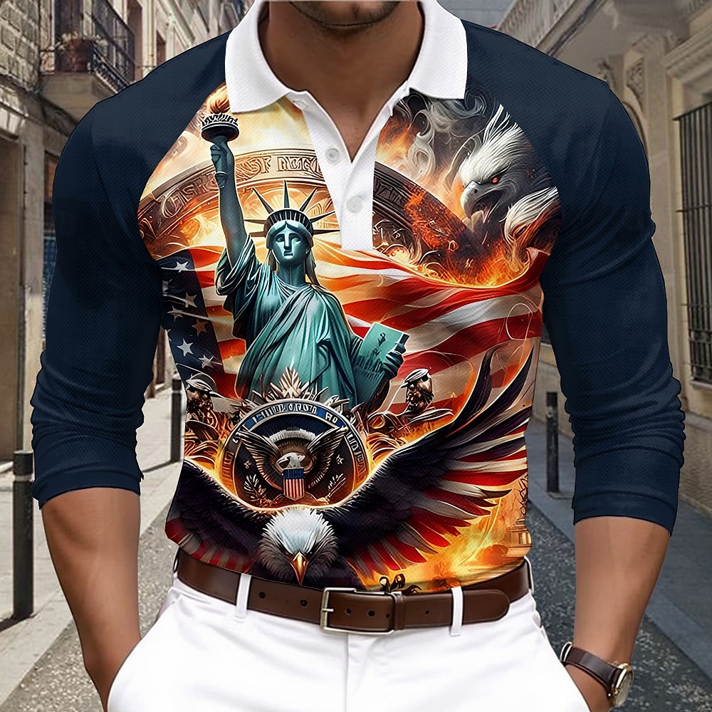 Christmas Men's USA Statue Of Liberty Polo Shirts Golf Polos Shirts Long Sleeve Polo Shirts Collar Casual Vacation Street Dailywear Buttons 3D Print Spring & Summer Dark Blue 2025 - $23.99 –P2