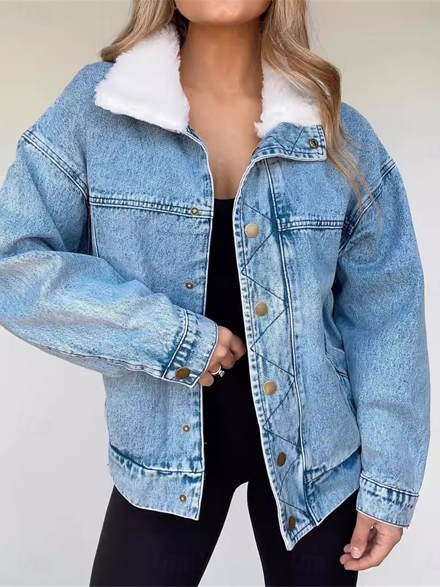 Damskie Jeansowa kurtka Na zewnątrz Ulica Dzienne zużycie Jesień Zima Regularny Płaszcz Regularny Keep Warm Oddychający Elegancki Codzienny Kurtki Długi rękaw Jednokolorowe Z kieszeniami Futrzany 2025 - $73.99 –P3