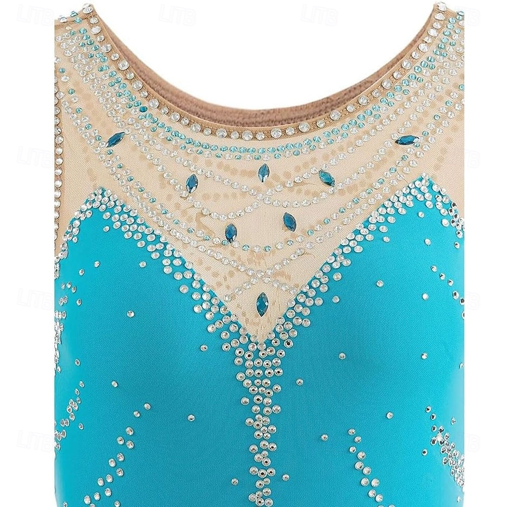 2026年 フィギュアスケート ドレス 女性用 女の子 アイススケート ドレス ブルー アシンメトリーヘム メッシュ 高弾性 訓練 競技大会 スケートウェア クラシック クリスタル・ラインストーン ノースリーブ アイススケート フィギュアスケート  コレクション – $171.99 –P2