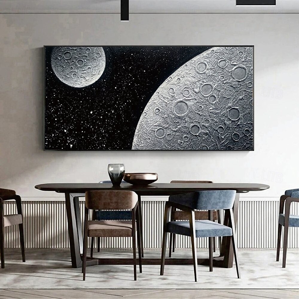 Peinture texturée blanche et noire peinte à la main, surdimensionnée, 3D, abstraite, au clair de lune, grande peinture minimaliste texturée noire et blanche pour décoration murale de salon, de chambre de 2025 ? $75.99 –P1