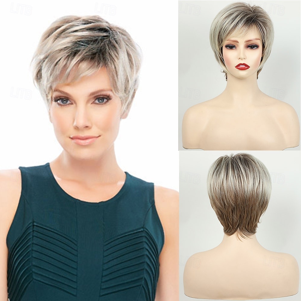 parrucche bionde corte per donne parrucche bionde con taglio pixie con frangia parrucche corte lisce a strati parrucche bionde chiare sintetiche dall'aspetto naturale del 2025 a $19.99 –P1