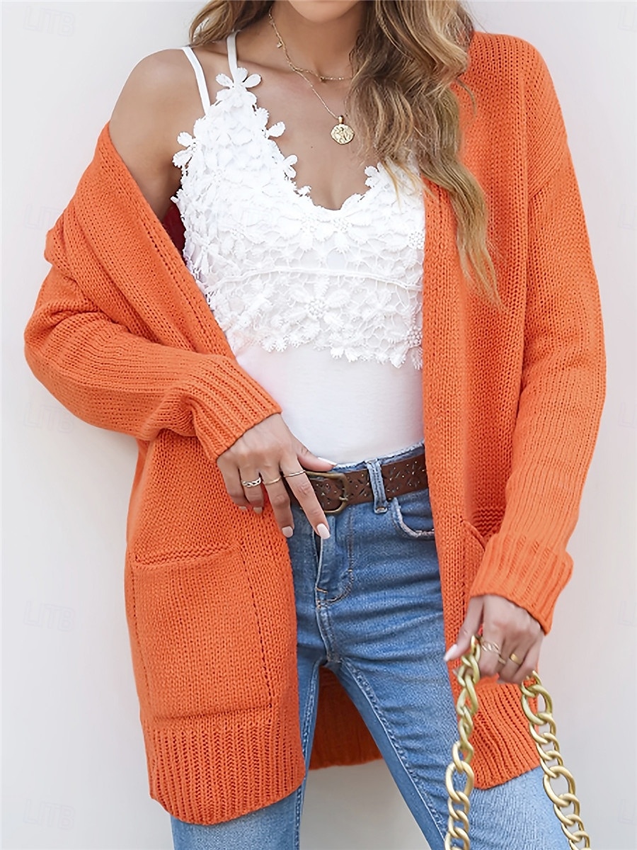 Per donna Felpa Cardigan Informale Morbido Colore puro A coste Apertura anteriore Tasche Lavorato a maglia Manica lunga Top regolari Maglia Esterno Giornaliero Fine settimana Arancione Autunno Inverno del 2025 a $56.99 –P2