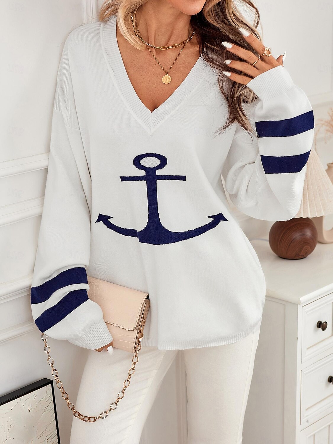 Damen Pullover Elegant Modisch Strassenmode Graphic V Ausschnitt Strick Langarm Lange Oberteile Stricken Täglich Wochenende Weiß Herbst Winter 2025 - $67.99 –P2