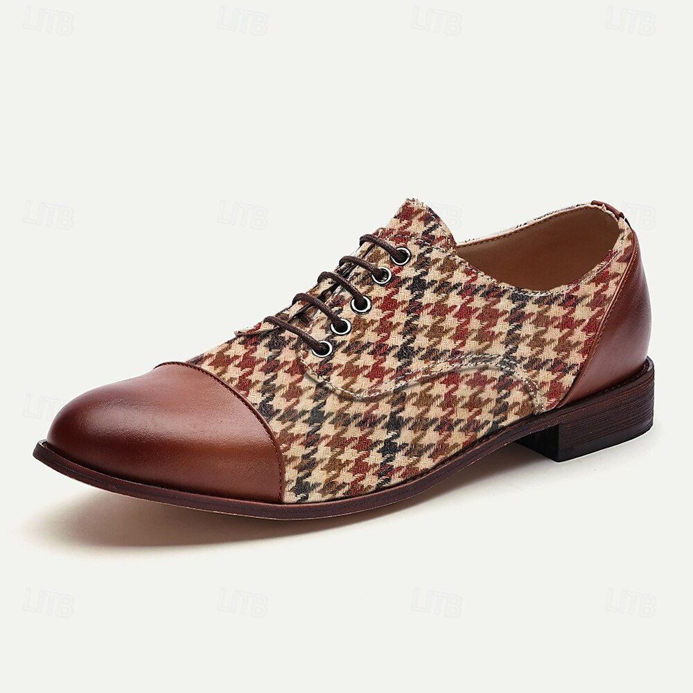 scarpe oxford da uomo con motivo pied de poule - motivo a scacchi marrone e rosso vintage, dettagli in similpelle, perfette per occasioni formali e casual del 2025 a $59.99 –P4