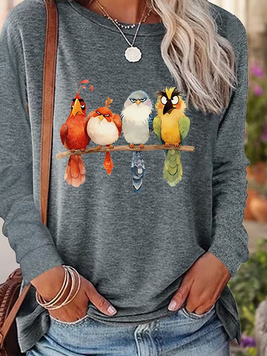 Per donna maglietta Animali Uccello Informale Manica lunga Rotonda Top regolari Giornaliero Fine settimana Stampa Rosa Blu Verde Grigio Autunno Inverno del 2025 a $23.99 –P6