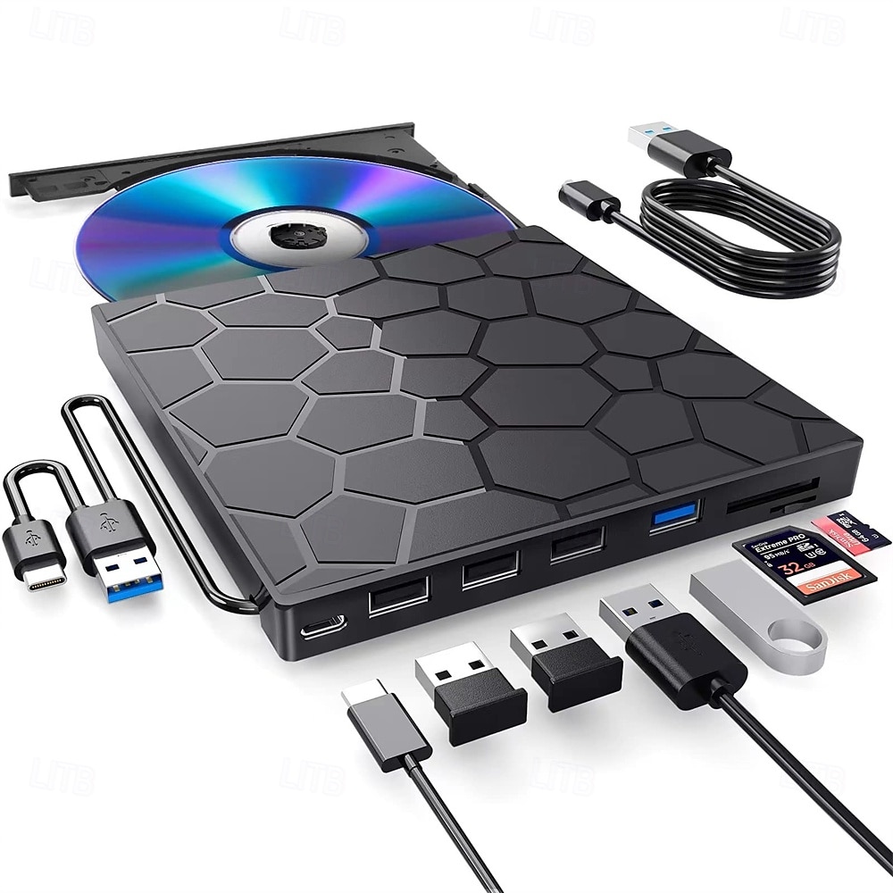 внешний привод CD/DVD для ноутбука, DVD-плеер для ноутбука 8 в 1 USB 3.0 сверхтонкий портативный CD-рекордер внешний оптический дисковод совместимый с ноутбуком настольным компьютером 2025 - $59.99 –P7