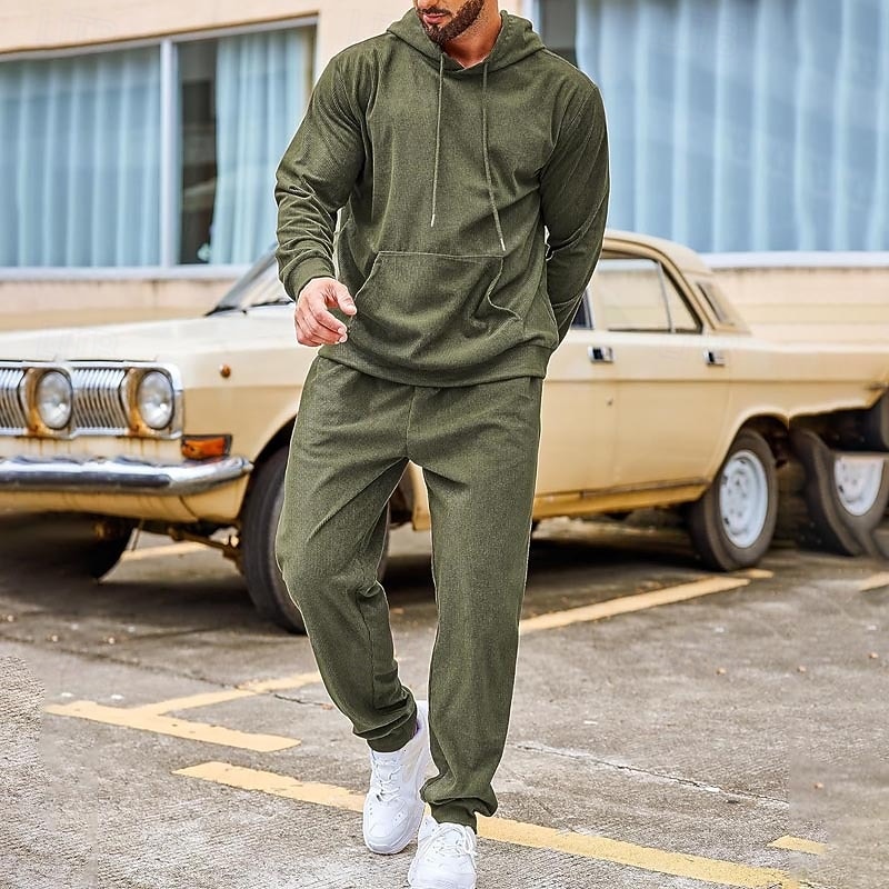 Men's Sweatshirt Tracksuit Sweatsuit Black Army Green Red Navy Blue Light Grey Hooded Plain Drawstring 2 Piece Sports & Outdoor Daily Holiday Streetwear Basic Casual Winter Spring &  Fall Clothing 2026 - $48.99 –P1