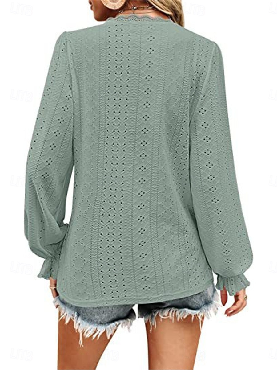 Női Ing Blúz Tömör szín Alap Alkalmi Hosszú ujj V-alakú Normál felsők Napi Csipke Fűzőlyuk Világoszöld Arcpír rózsaszín Ősz Tél 2025 - $21.99 –P4